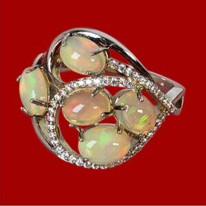 925 Sterling Silver Ring with Natural White Opals & CZ